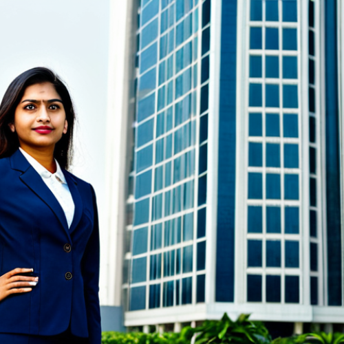 Home 9 ** A professional businesswoman in a modest, navy blue business suit, standing confidently in front of a modern skyscraper in Dhaka, Bangladesh. Fully clothed, appropriate attire, safe for work, perfect anatomy, natural proportions, professional portrait, high quality, family-friendly.
**
