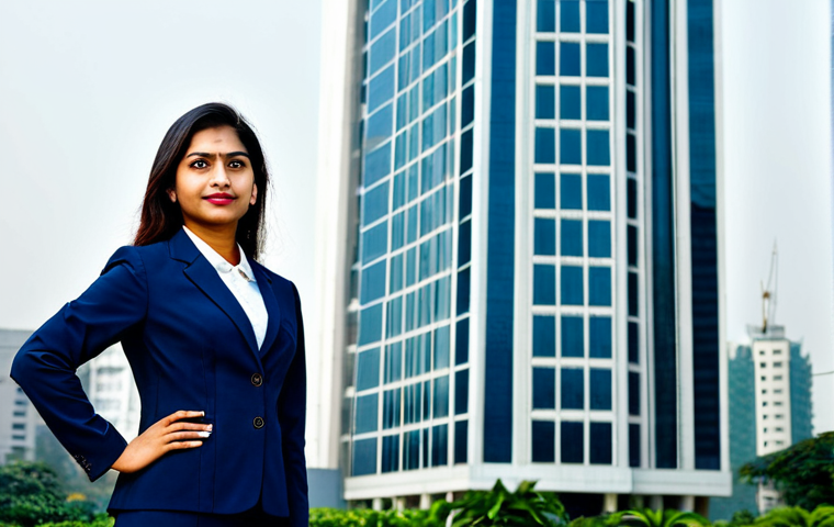 ** A professional businesswoman in a modest, navy blue business suit, standing confidently in front of a modern skyscraper in Dhaka, Bangladesh. Fully clothed, appropriate attire, safe for work, perfect anatomy, natural proportions, professional portrait, high quality, family-friendly.

**
