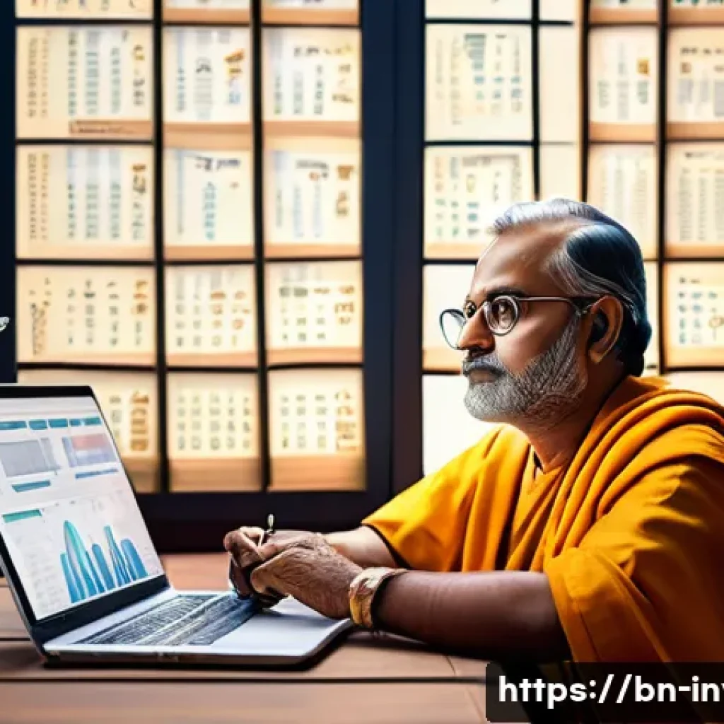 주식의 역발상 투자 사례 - A thoughtful Bengali investor in traditional attire sitting at a wooden desk surrounded by financial...