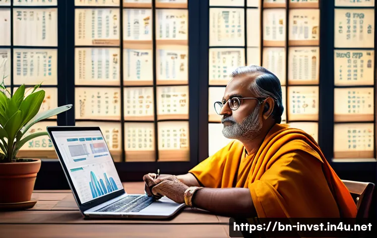 주식의 역발상 투자 사례 - A thoughtful Bengali investor in traditional attire sitting at a wooden desk surrounded by financial...