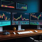 알트코인 투자 전략 - A detailed digital illustration of a sophisticated cryptocurrency trading setup focused on altcoins,...