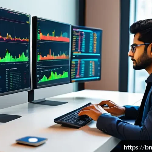 코인 거래소 API 활용법 - A modern digital workspace showcasing a software developer coding an automated cryptocurrency tradin...