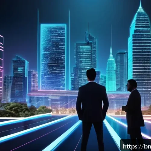 코인 시총 상위 프로젝트 - A futuristic digital cityscape representing blockchain technology integration, with glowing intercon...