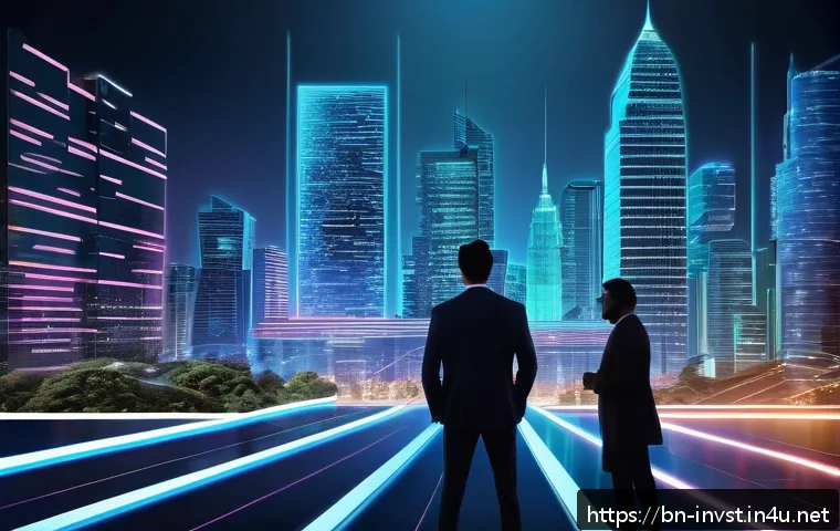 코인 시총 상위 프로젝트 - A futuristic digital cityscape representing blockchain technology integration, with glowing intercon...